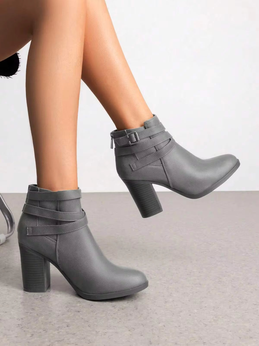 Chunky High Heel Ankle Boots Close Toe Fall Heeled Booties Shoes