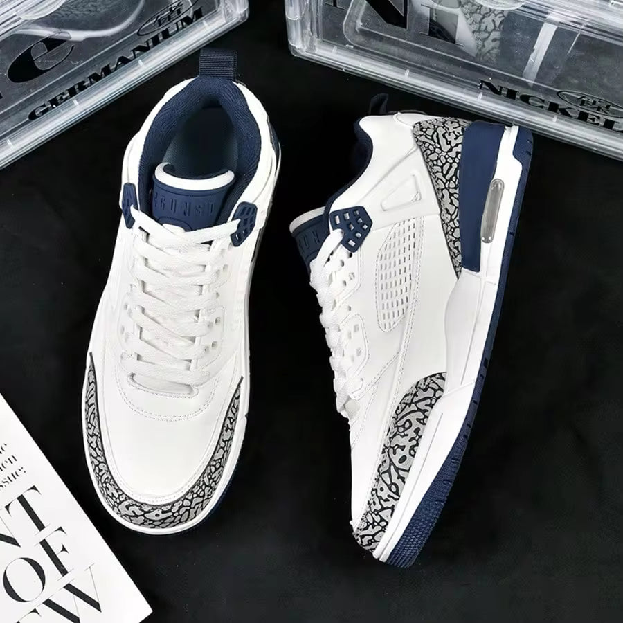 Men's White & Navy Blue Retro Basketball Sneakers, Breathable & Shock Absorbing, Ideal For Streetwear & Sports